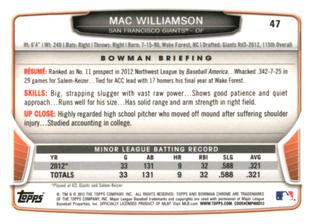 2013 Bowman Chrome Mini #47 Mac Williamson Back