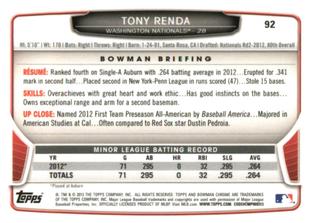 2013 Bowman Chrome Mini #92 Tony Renda Back