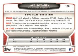 2013 Bowman Chrome Mini #108 Jake Sweaney Back