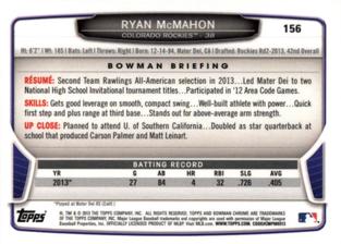 2013 Bowman Chrome Mini #156 Ryan McMahon Back