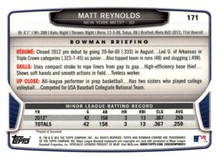 2013 Bowman Chrome Mini #171 Matt Reynolds Back