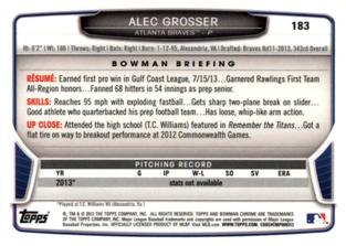 2013 Bowman Chrome Mini #183 Alec Grosser Back