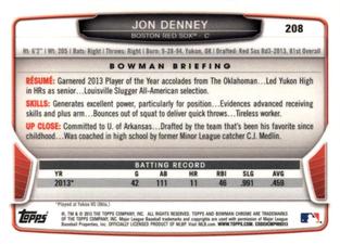 2013 Bowman Chrome Mini #208 Jon Denney Back