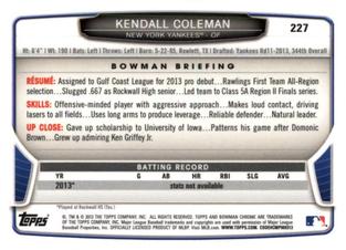 2013 Bowman Chrome Mini #227 Kendall Coleman Back