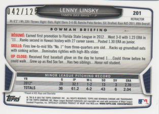 2013 Bowman Chrome Mini - Refractors #201 Lenny Linsky Back