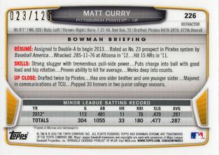 2013 Bowman Chrome Mini - Refractors #226 Matt Curry Back