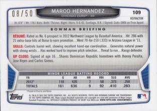 2013 Bowman Chrome Mini - Gold Refractors #109 Marco Hernandez Back
