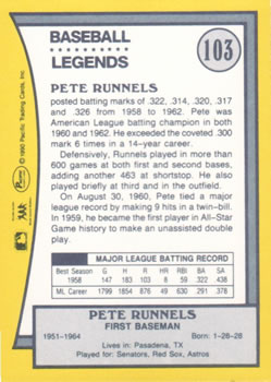 1990 Pacific Legends #103 Pete Runnels Back