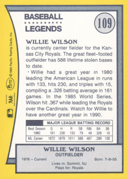 1990 Pacific Legends #109 Willie Wilson Back