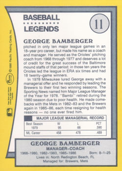 1990 Pacific Legends #11 George Bamberger Back