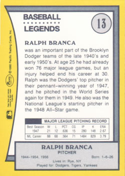 1990 Pacific Legends #13 Ralph Branca Back