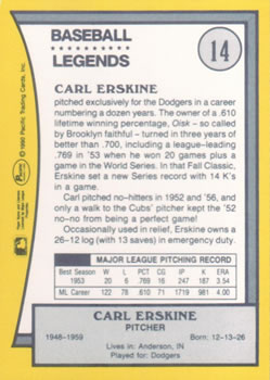1990 Pacific Legends #14 Carl Erskine Back