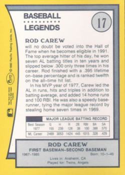 1990 Pacific Legends #17 Rod Carew Back