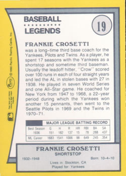 1990 Pacific Legends #19 Frankie Crosetti Back