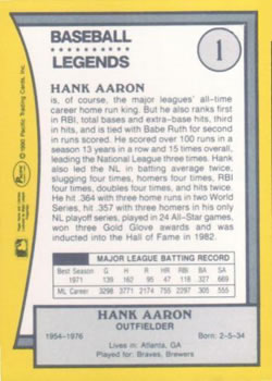 1990 Pacific Legends #1 Hank Aaron Back