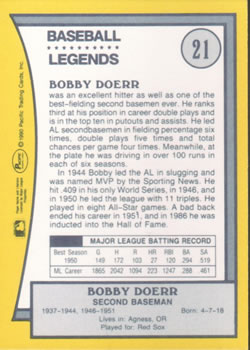 1990 Pacific Legends #21 Bobby Doerr Back