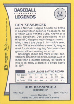 1990 Pacific Legends #34 Don Kessinger Back