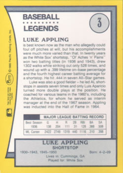 1990 Pacific Legends #3 Luke Appling Back