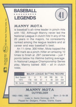 1990 Pacific Legends #41 Manny Mota Back