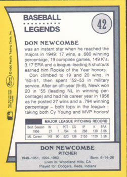 1990 Pacific Legends #42 Don Newcombe Back