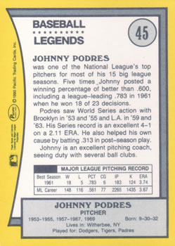 1990 Pacific Legends #45 Johnny Podres Back