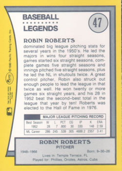 1990 Pacific Legends #47 Robin Roberts Back