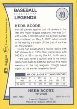1990 Pacific Legends #49 Herb Score Back