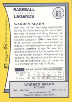 1990 Pacific Legends #51 Warren Spahn Back