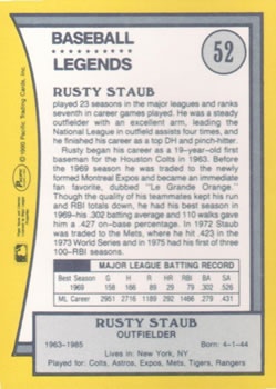 1990 Pacific Legends #52 Rusty Staub Back