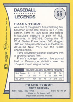 1990 Pacific Legends #53 Frank Torre Back