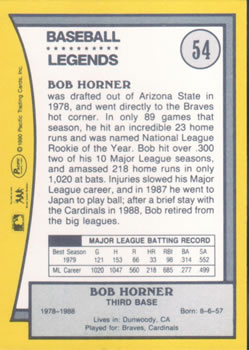 1990 Pacific Legends #54 Bob Horner Back