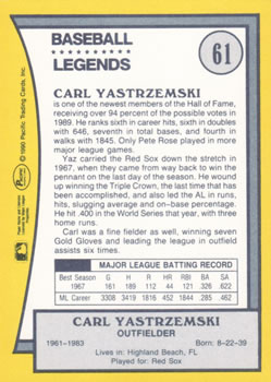 1990 Pacific Legends #61 Carl Yastrzemski Back