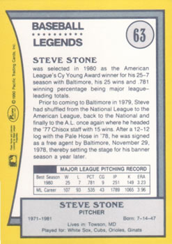 1990 Pacific Legends #63 Steve Stone Back