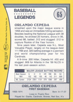 1990 Pacific Legends #65 Orlando Cepeda Back
