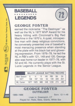 1990 Pacific Legends #72 George Foster Back