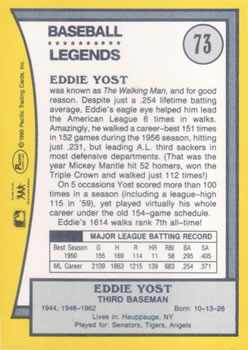 1990 Pacific Legends #73 Eddie Yost Back