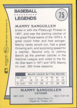 1990 Pacific Legends #75 Manny Sanguillen Back