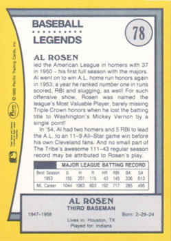 1990 Pacific Legends #78 Al Rosen Back