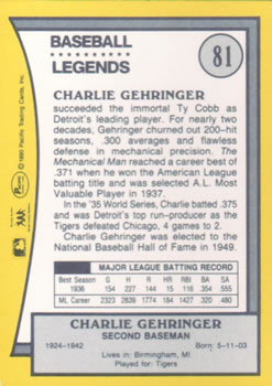 1990 Pacific Legends #81 Charlie Gehringer Back