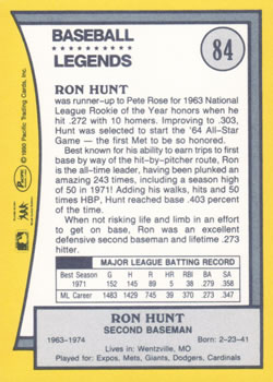 1990 Pacific Legends #84 Ron Hunt Back