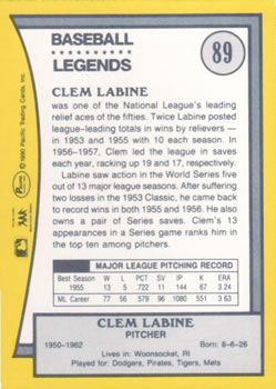 1990 Pacific Legends #89 Clem Labine Back