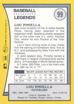 1990 Pacific Legends #99 Lou Piniella Back