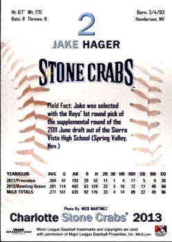 2013 Grandstand Charlotte Stone Crabs #13 Jake Hager Back