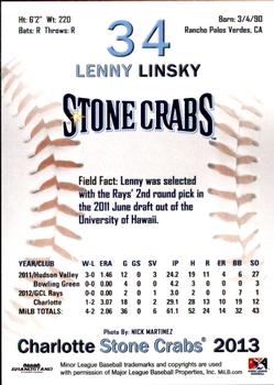 2013 Grandstand Charlotte Stone Crabs #17 Lenny Linsky Back