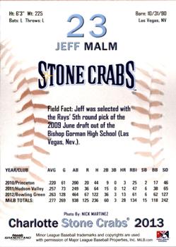 2013 Grandstand Charlotte Stone Crabs #18 Jeff Malm Back