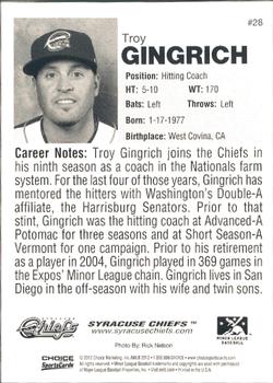 2012 Choice Syracuse Chiefs #28 Troy Gingrich Back