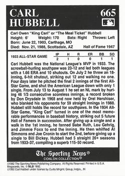 1992 Conlon Collection TSN - 1993 Gold Previews #665 Carl Hubbell Back