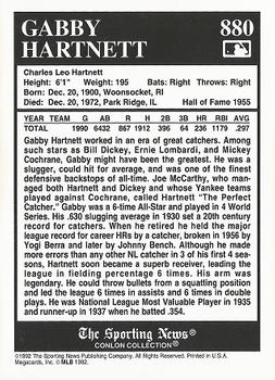 1992 Conlon Collection TSN - 1993 Gold Previews #880 Gabby Hartnett Back