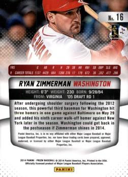 2014 Panini Prizm #16 Ryan Zimmerman Back