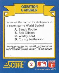 1991 Score Rookie & Traded - Magic Motion: World Series Trivia II #2 Q & A Card 2 Back